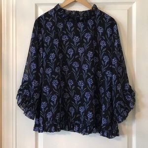 Navy print ruffled 3/4 sleeve blouse